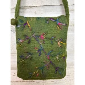 Unbranded Women’s Green Felt Floral Boho Crossbody Bag Purse Zip New